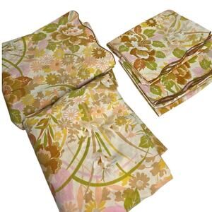 Vintage Cannon Royal Family Floral Sheet Set Full Retro 70s Pink Green Percale
